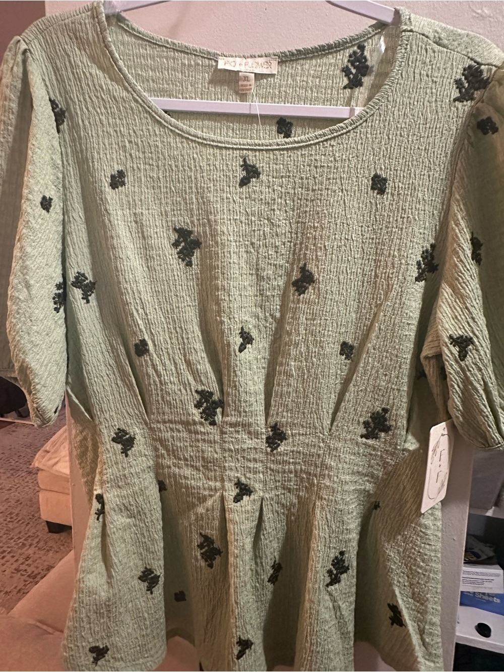 fig and flower Sage Green Textured Blouse with Black Floral Accents